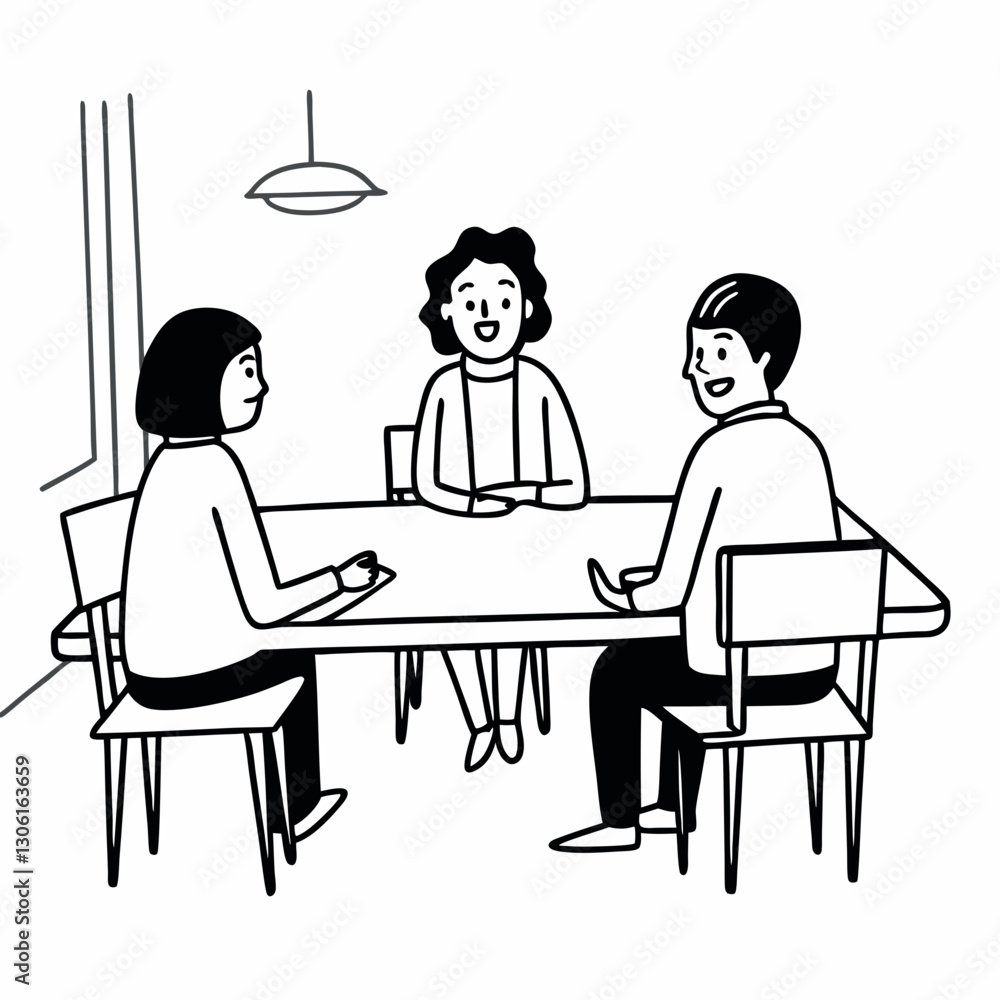 Three people sitting around table engaged in conversation, with light fixture above. scene conveys sense of collaboration and discussion Three people sitting around table engaged in conversation, with light fixture above. scene conveys sense of collaboration and discussion