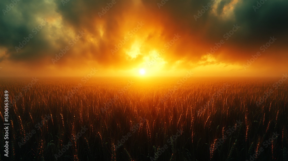 Fiery sunset dramatically lights vast golden field. AI Generated Fiery sunset dramatically lights vast golden field. AI Generated