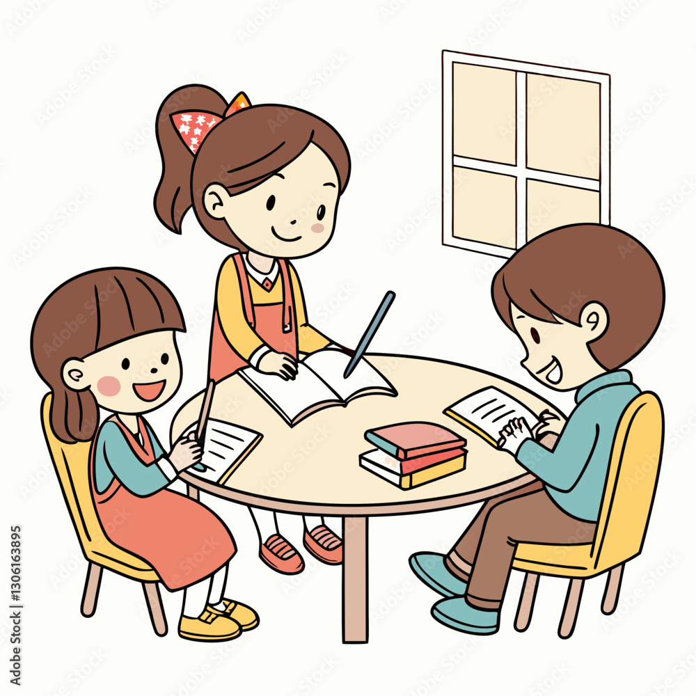 Children studying together at table, engaging in learning activities. scene captures joyful atmosphere of collaboration and education Children studying together at table, engaging in learning activities. scene captures joyful atmosphere of collaboration and education