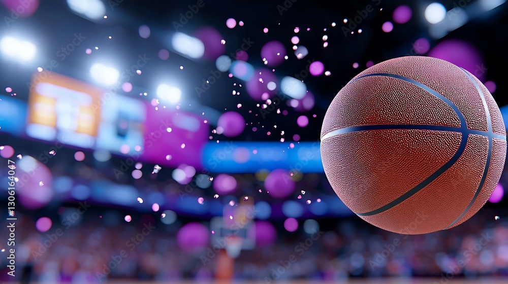 Pixelated Basketball in Motion on Vibrant Court Pixelated Basketball in Motion on Vibrant Court