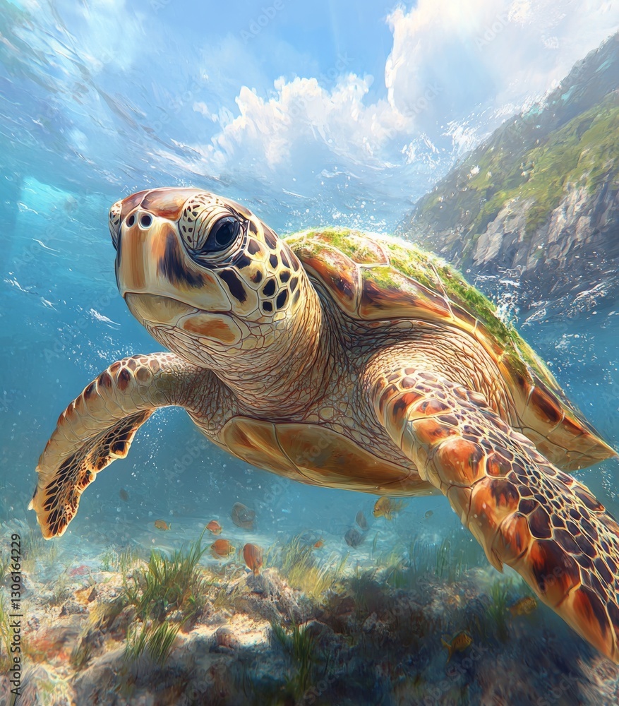 Fototapeta premium In the serene and peaceful scene, a turtle swims in the ocean, with a stunning coral reef in the background, making the turtle the focal point of the image