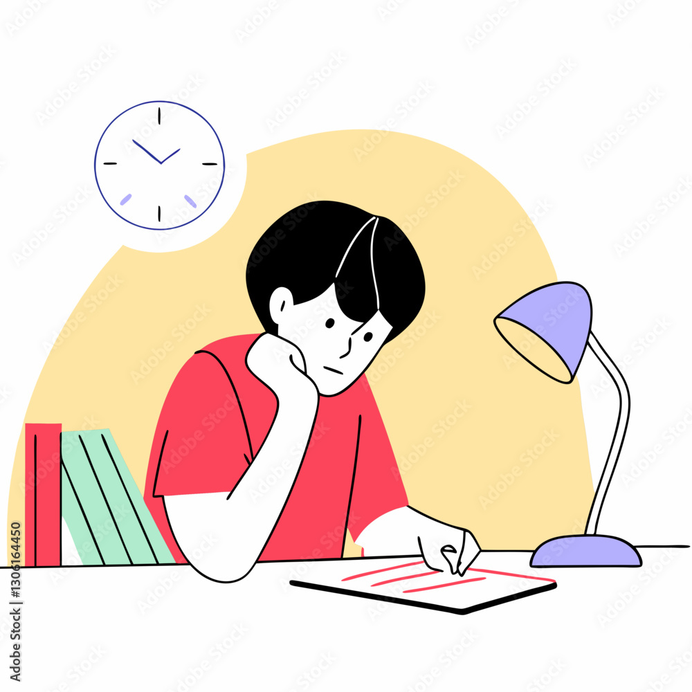 person studying at desk with lamp, clock, and books, focused on writing. scene conveys concentration and productivity person studying at desk with lamp, clock, and books, focused on writing. scene conveys concentration and productivity