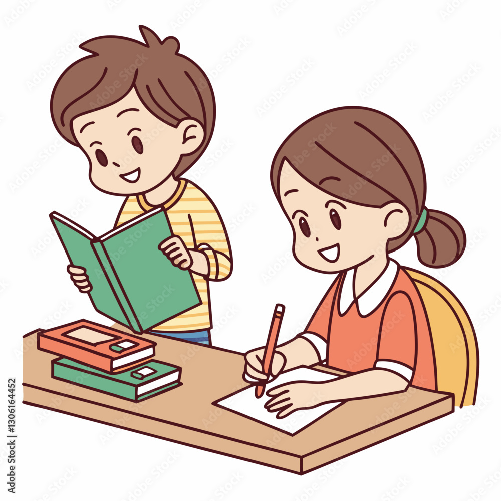 Children studying together at desk, one reading book and other writing. scene captures joyful learning atmosphere Children studying together at desk, one reading book and other writing. scene captures joyful learning atmosphere