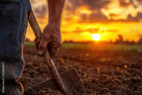 A farmer's weathered hand grips a shovel, tilling soil at sunset, a scene of agricultural labor and rural life.