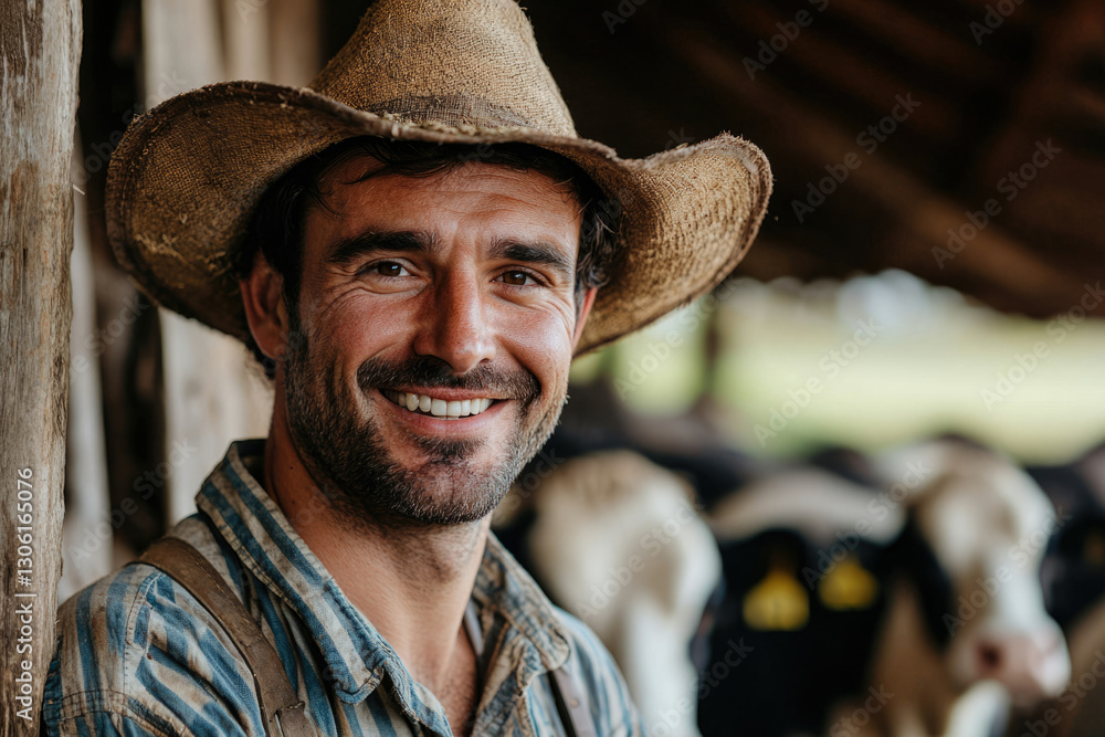 Smiling farmer in a barn with cows, showcasing rural life and agricultural work. Smiling farmer in a barn with cows, showcasing rural life and agricultural work.
