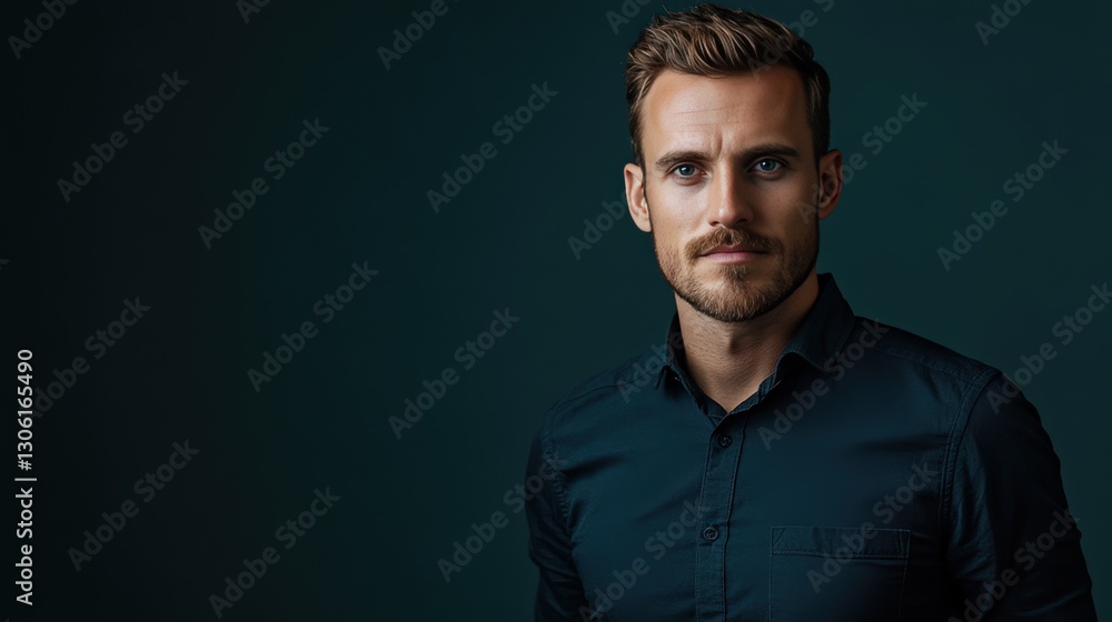 Confident Young Man in Dark Shirt Against a Deep Green Background Confident Young Man in Dark Shirt Against a Deep Green Background