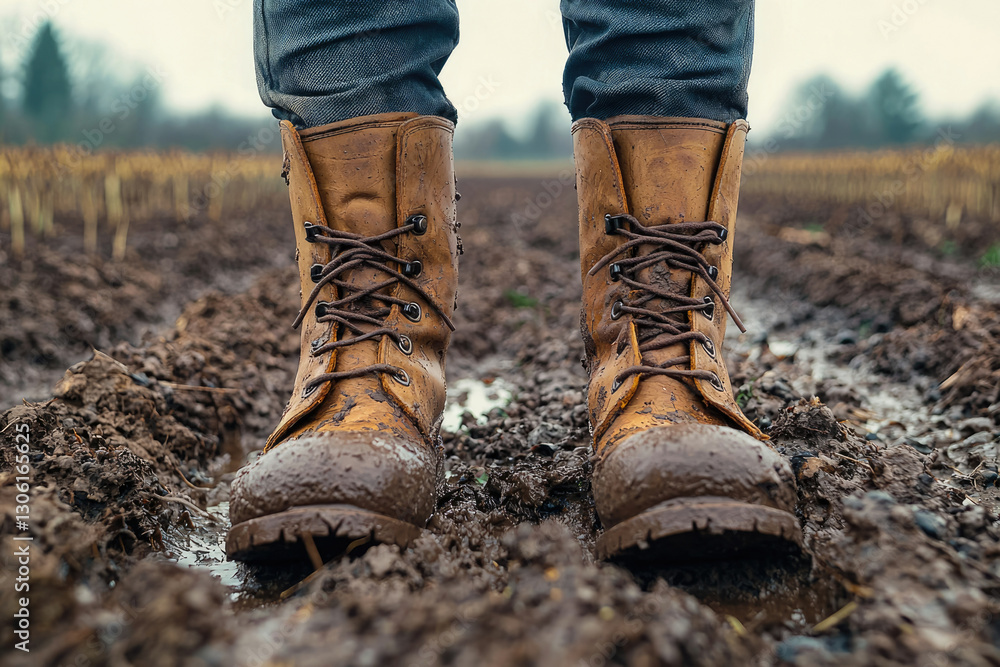 Muddy brown work boots in a plowed field, showcasing rugged outdoor wear. Muddy brown work boots in a plowed field, showcasing rugged outdoor wear.