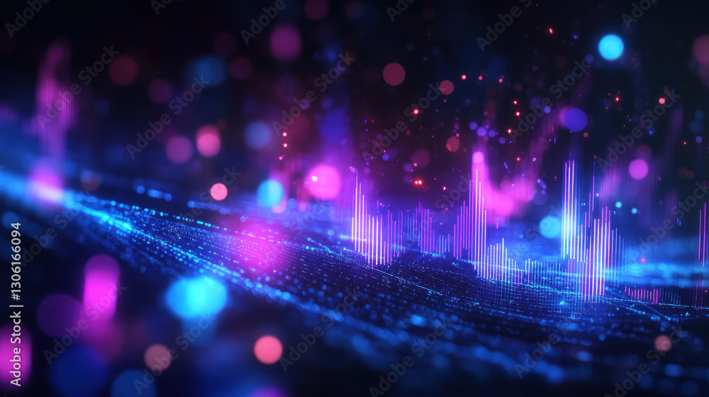 A glowing neon stock market graph with blue and purple lights on a dark background A glowing neon stock market graph with blue and purple lights on a dark background
