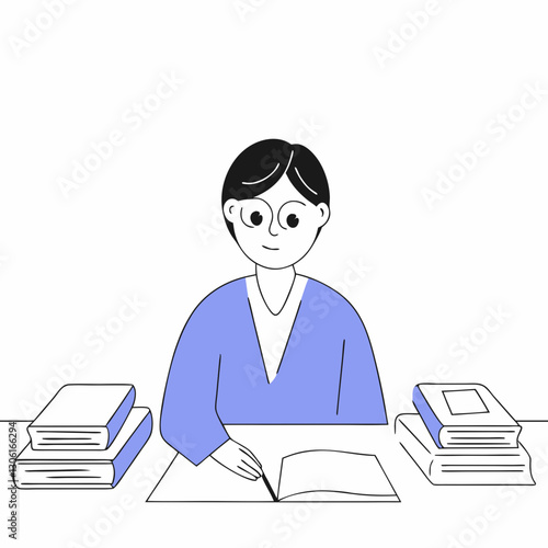 person studying at desk surrounded by books, focused on writing. scene conveys sense of concentration and learning