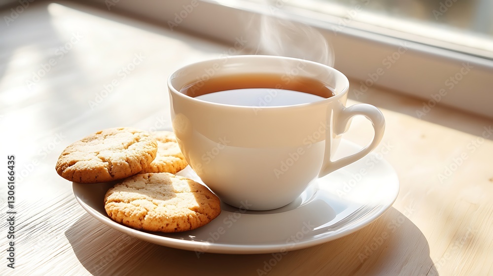 A steaming cup of tea or coffee with cookies by the window in the sunlight A steaming cup of tea or coffee with cookies by the window in the sunlight