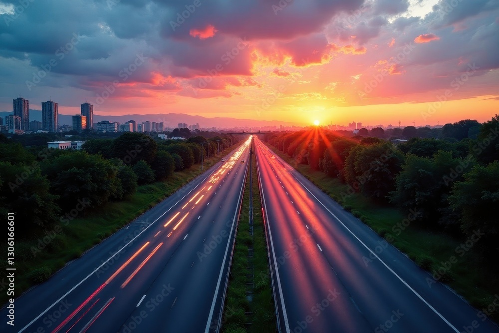 Asphalt highway cuts through landscape, city sunset backdrop, evening, sunset, rural Asphalt highway cuts through landscape, city sunset backdrop, evening, sunset, rural