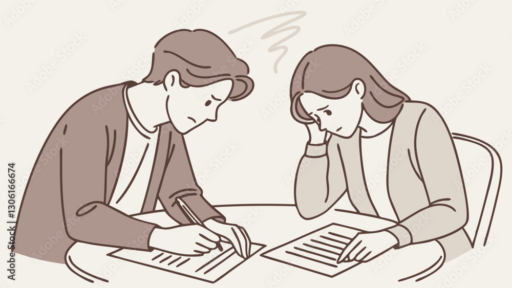 Struggling couple working on documents at table, showing concern and frustration. Their expressions reflect emotional weight of task Struggling couple working on documents at table, showing concern and frustration. Their expressions reflect emotional weight of task