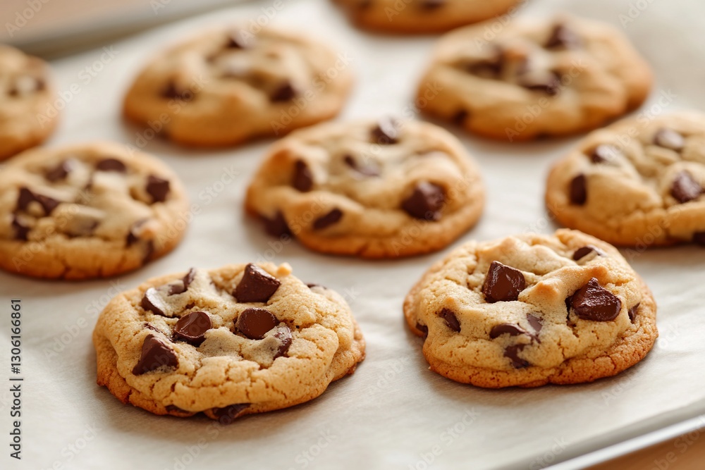 Freshly Baked Chocolate Chip Cookies on Baking Sheet Freshly Baked Chocolate Chip Cookies on Baking Sheet