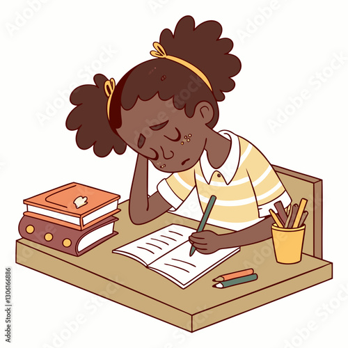 young girl with curly hair sits at desk, looking thoughtful while writing in notebook. Books and art supplies are scattered around her, creating studious atmosphere