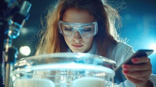 A modern dairy processing plant where an engineer in safety goggles and a lab coat uses a tablet to check temperature and hygiene standards during milk pasteurization photo