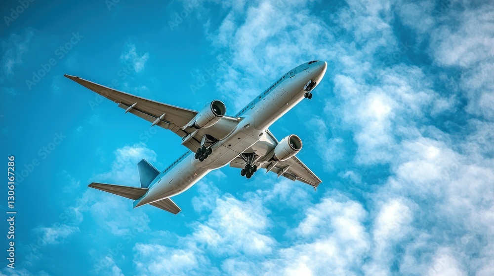 A commercial airplane ascending in the bright blue sky above A commercial airplane ascending in the bright blue sky above