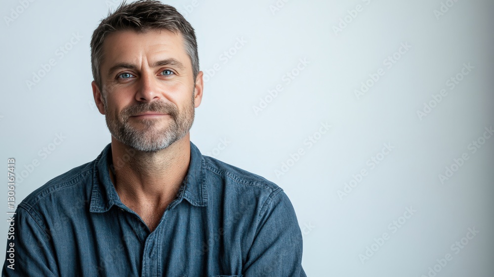 Confident Middle-Aged Man Smiling Against a Light Background Confident Middle-Aged Man Smiling Against a Light Background