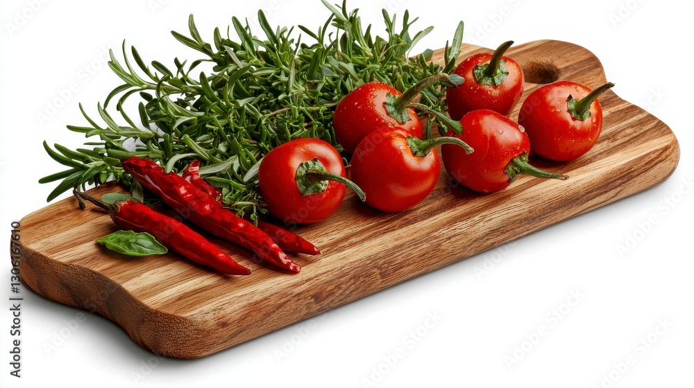 A vibrant still life captures the essence of fresh ingredients, showcasing plump red cherry peppers alongside slender chili peppers and aromatic rosemary sprigs, all artfully arranged on a rustic A vibrant still life captures the essence of fresh ingredients, showcasing plump red cherry peppers alongside slender chili peppers and aromatic rosemary sprigs, all artfully arranged on a rustic
