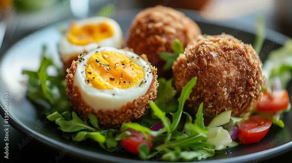 A traditional scotch eggs served with a salad A traditional scotch eggs served with a salad