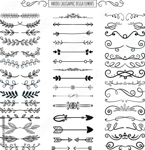 Floral and Leaf Ornament Dividers Hand-Drawn Vine Decorations Elegant Floral Borders Intricate Leaf Ornaments Ink Flourishes Arrow Embellishments Victorian Style Doodles Decorative Sketched Vector Set