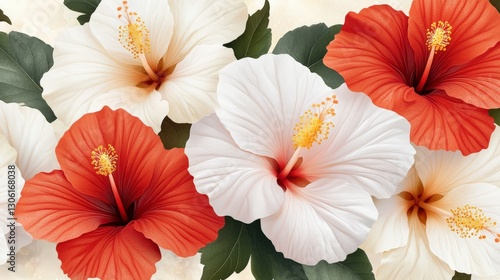 Wallpaper Mural Beautiful Hibiscus Flowers in Red, White, and Green Surrounding Leaves with Soft Background for Nature and Floral Themes Torontodigital.ca