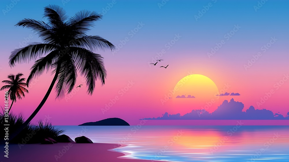 Silhouette Palm Trees on Tropical Beach at Sunset Silhouette Palm Trees on Tropical Beach at Sunset