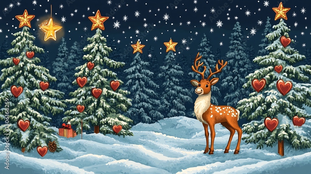 Winter Wonderland with Festive Deer Silhouette in Snowy Forest Landscape Winter Wonderland with Festive Deer Silhouette in Snowy Forest Landscape