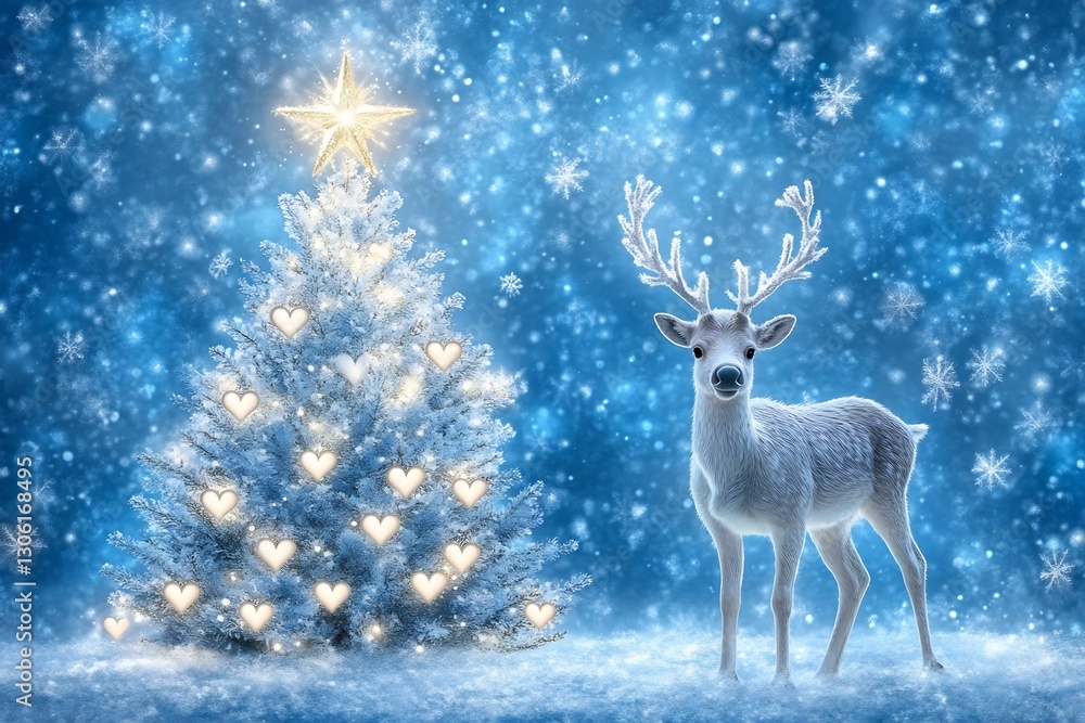 Majestic Deer Silhouette in Snowy Winter Wonderland with Glowing Christmas Tree Majestic Deer Silhouette in Snowy Winter Wonderland with Glowing Christmas Tree