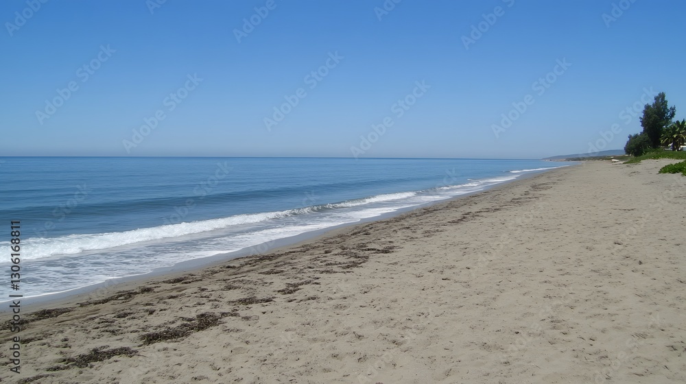 Serene Sandy Beach Seascape with Calm Ocean Waves under Clear Blue Sky Serene Sandy Beach Seascape with Calm Ocean Waves under Clear Blue Sky