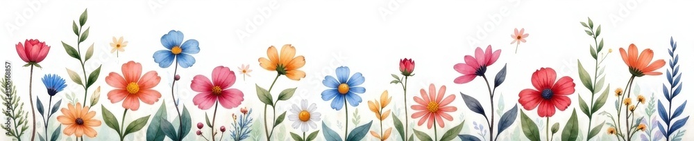 Naklejka premium Delicate watercolor wildflowers, forget-me-nots, daisies in a charming arrangement , romantic, blossom, meadow