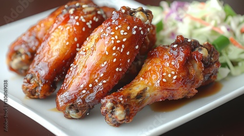 Teriyaki Chicken Wings, Side Salad, Plate photo