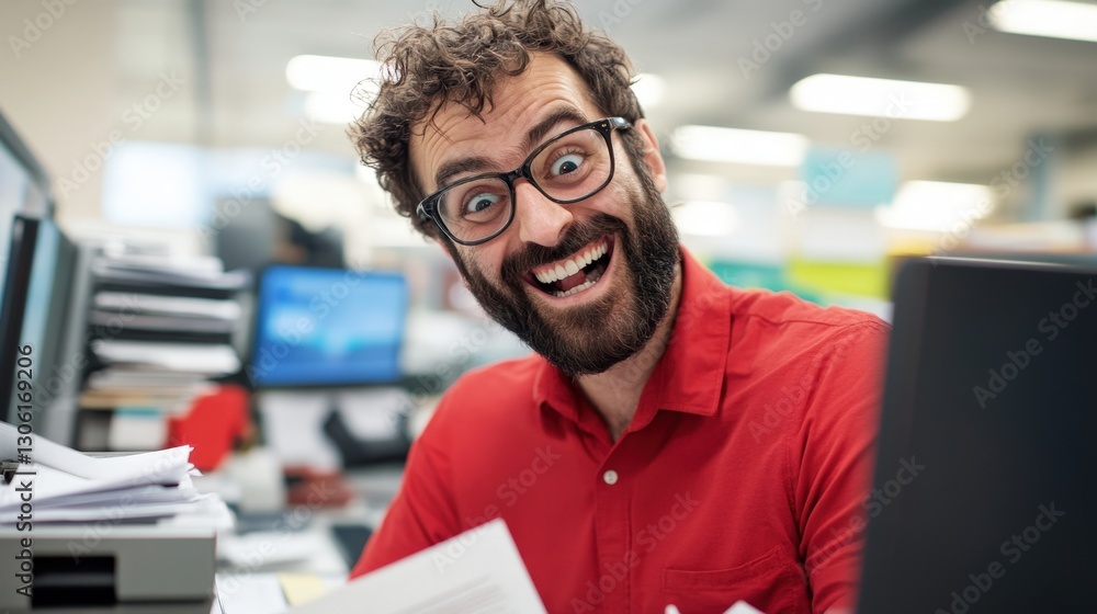 Happy Office Worker with Beard Celebrating Success in Workspace Happy Office Worker with Beard Celebrating Success in Workspace
