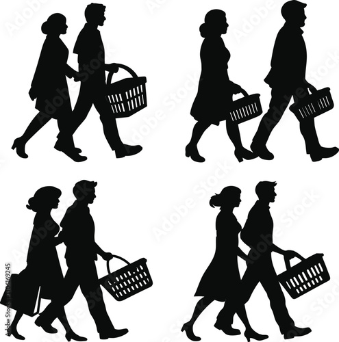 Silhouette man and women with Shopping basket