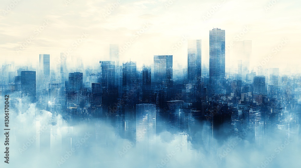 Dreamlike city skyline emerges from swirling blue mist soft light. AI Generated Dreamlike city skyline emerges from swirling blue mist soft light. AI Generated