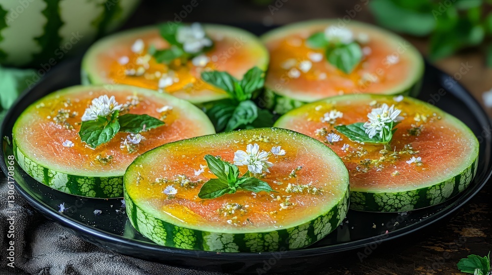 Watermelon slices, honey, flowers, plate, rustic Watermelon slices, honey, flowers, plate, rustic