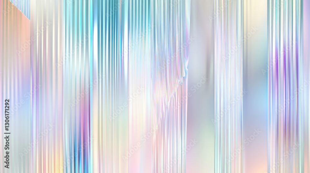 A seamless iridescent rainbow texture with a corrugated ribbed glass effect. The frosted window-like pattern in soft pastel holographic tones is enhanced by a pearlescent foil finish A seamless iridescent rainbow texture with a corrugated ribbed glass effect. The frosted window-like pattern in soft pastel holographic tones is enhanced by a pearlescent foil finish