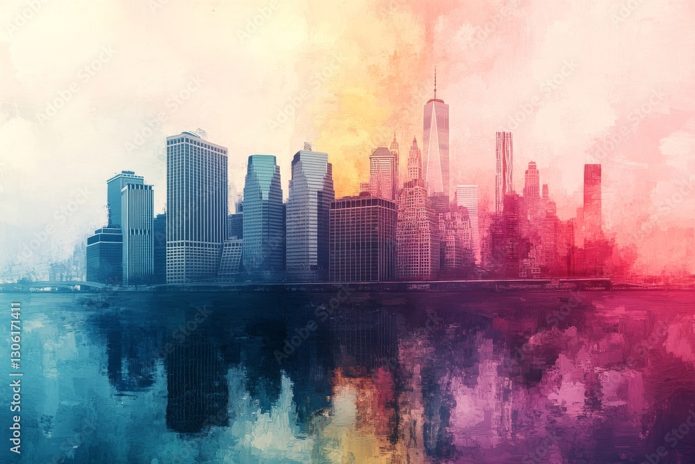 Fototapeta premium The city skyline mirrors in the water, with the illuminated city at night creating a serene and beautiful ambiance