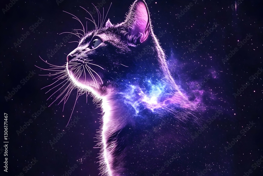 Abstract Illustration Of A Cosmic Cat In Purple Galaxy With Stars Abstract Illustration Of A Cosmic Cat In Purple Galaxy With Stars
