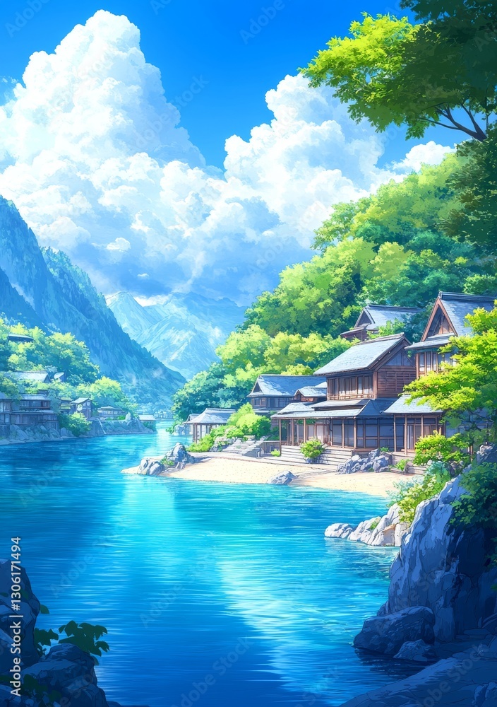 Naklejka premium A verdant mountain with a river flowing through it and a distant village, under a cloudy sky that creates a tranquil and serene ambiance