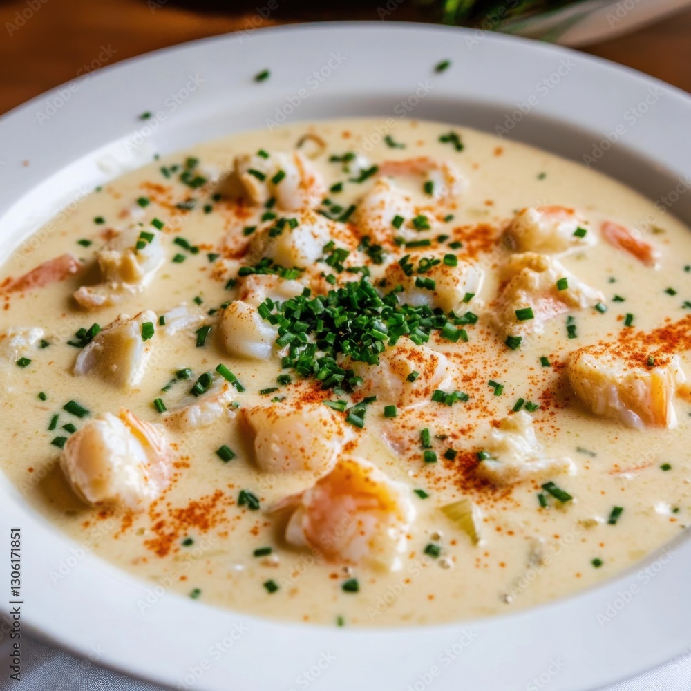 A rich and creamy seafood chowder with chunks of fish and shrimp, served in a white ceramic bowl, Chowder centered with a sprinkle of fresh chives A rich and creamy seafood chowder with chunks of fish and shrimp, served in a white ceramic bowl, Chowder centered with a sprinkle of fresh chives