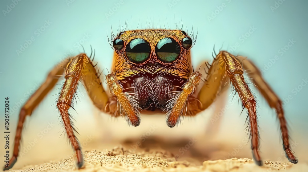 Close-Up of a Colorful Spider with Distinctive Eyes and Fine Hair, Captured with Macro Photography Techniques Close-Up of a Colorful Spider with Distinctive Eyes and Fine Hair, Captured with Macro Photography Techniques