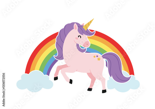 Unicorn and rainbow clipart. A pink unicorn with a purple mane and tail, prancing in front of a rainbow with clouds. Vector illustration design.