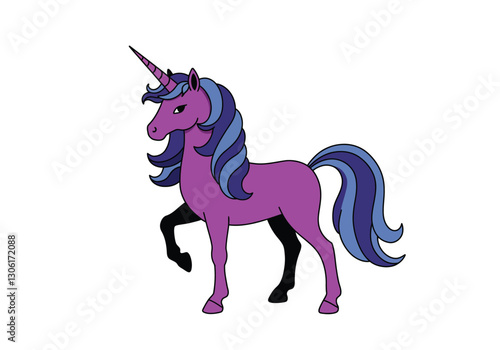 Unicorn art clip. Purple unicorn with blue mane and tail, black legs, and a striped horn. Vector illustration design. photo