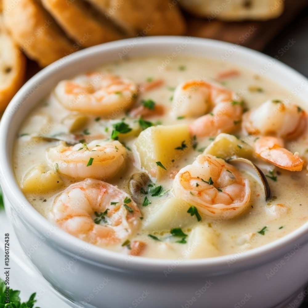 A rich and creamy seafood chowder with tender shrimp, clams, and potatoes A rich and creamy seafood chowder with tender shrimp, clams, and potatoes