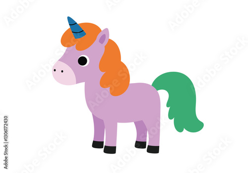 Cartoon unicorn clipart. This image shows a cute, colorful unicorn with a blue horn, orange mane, and green tail. Vector illustration design.