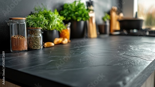 Dark countertop, herbs, spices, modern kitchen, cooking, food blog