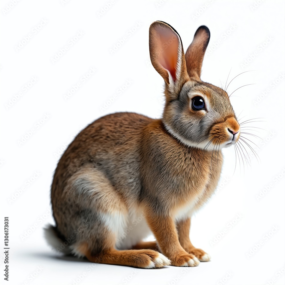 Obraz premium Rabbit isolated on transparent background. Brown hare with fluffy fur sitting. Small cute furry domestic rodent. Farm animal with long ears. Forest game studio pet for Easter holiday season.