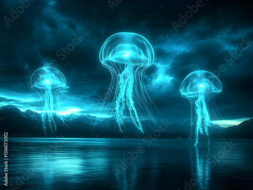 Glowing Blue Abstract Jellyfish Above Sea Water Night Sky Digital