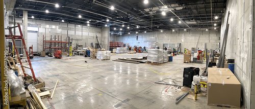 A spacious industrial area under renovation, featuring construction materials, equipment, and bright overhead lights.