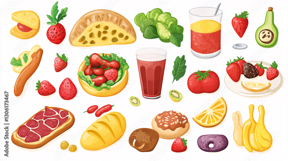 Fototapeta premium A colorful assortment of food items, including fruits, vegetables, snacks, and beverages, showcasing a healthy and vibrant diet.